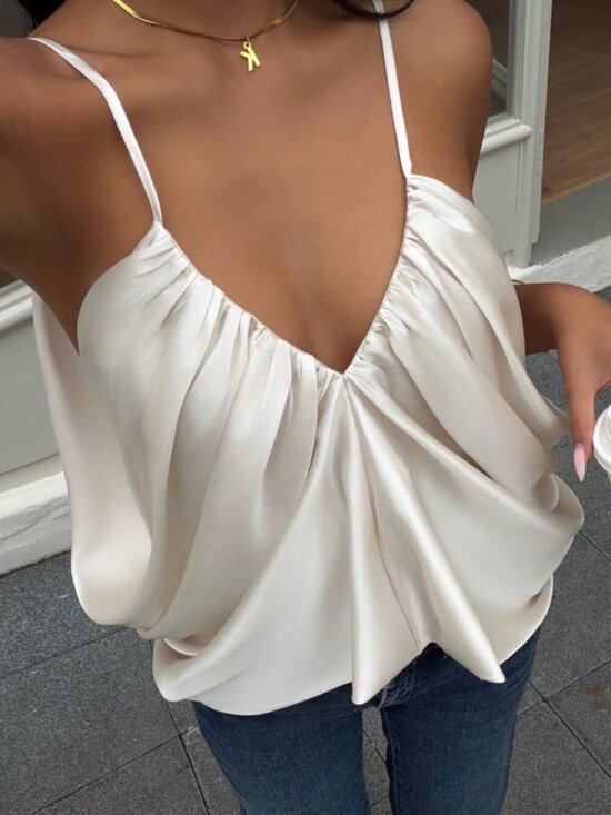 MODA ME COUTURE Tops - White Casual Women's Sexy Satin Draping Camisole Top
